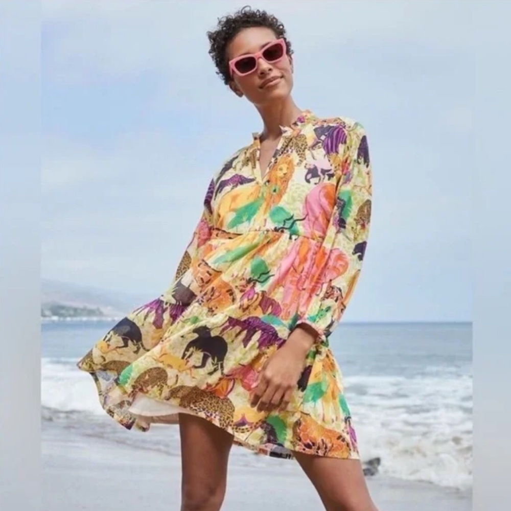 J.Crew Tiered Popover in Natural Yellow Pink Ratti Safari Print Dress Size XS